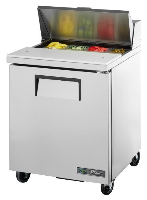 Mesa de preparación refrigerada, 1 puerta sólida, 2 parrillas, 8 azafates, 27" - True