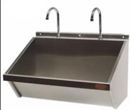 Lavamanos para baños comunales corrido con dos llaves. Dimensiones:1000x450x400. Incluye grifería y llave manual. Con salpicadero (De acuerdo con imagen de referencia) Peso aproximado: 19 - 21 Kg  - Fabrinox