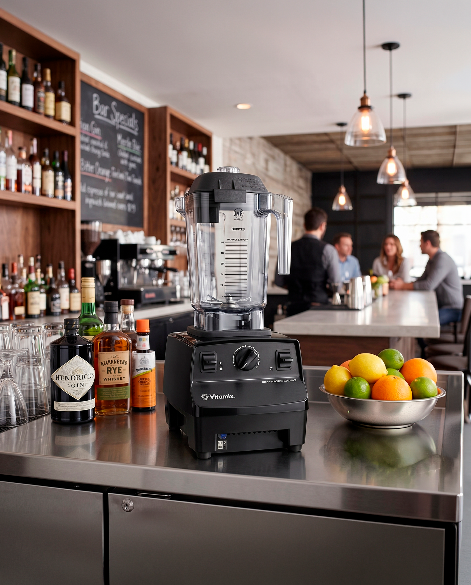 Una licuadora con botellas de alcohol y un recipiente con cítricos, en un entorno de bar.
