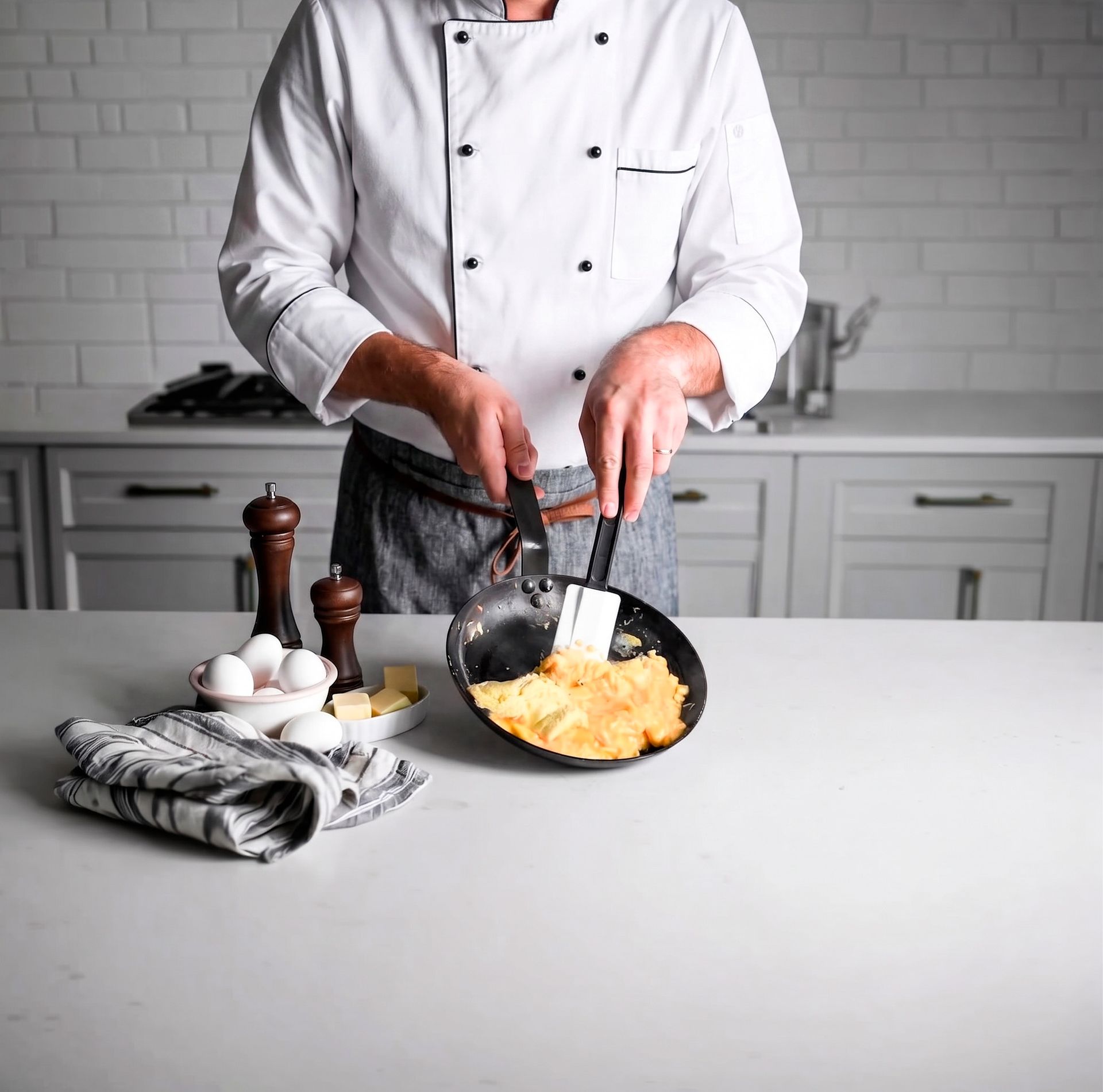 Chef cocinando huevos revueltos en una sartén.
