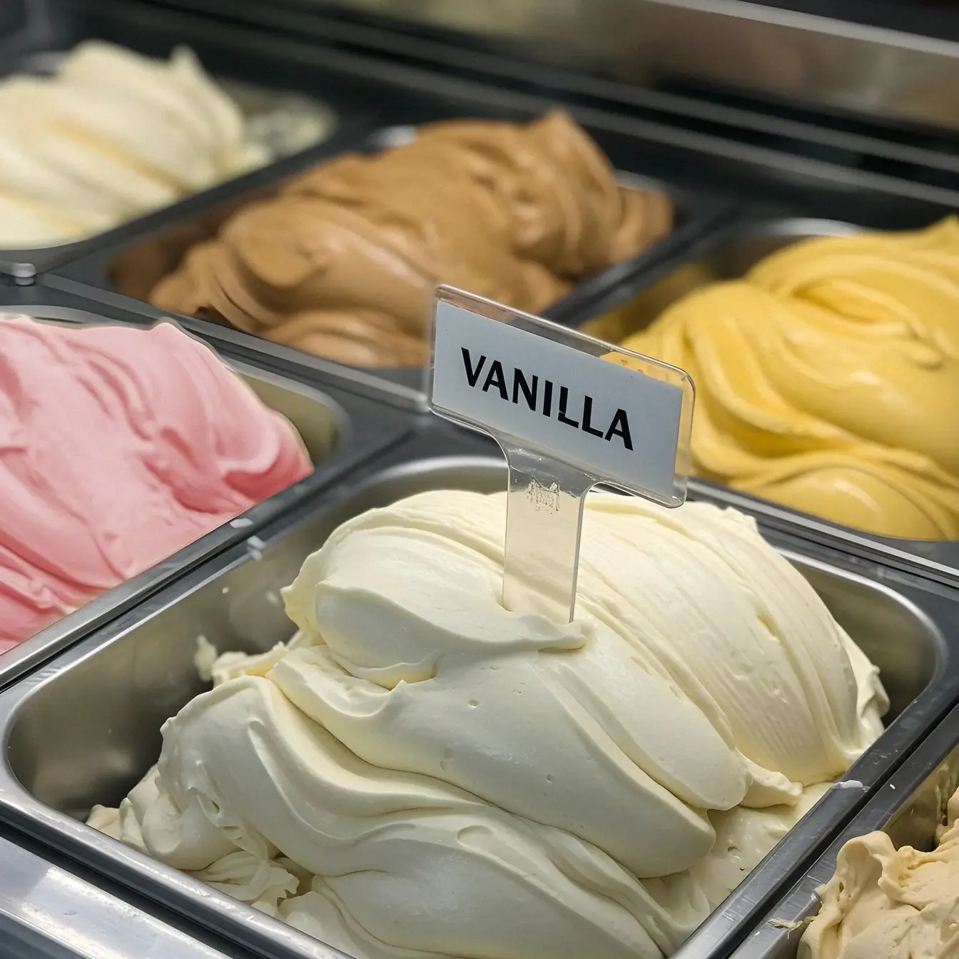Un congelador expositor de helados, centrado en un recipiente grande de helado con sabor a vainilla.