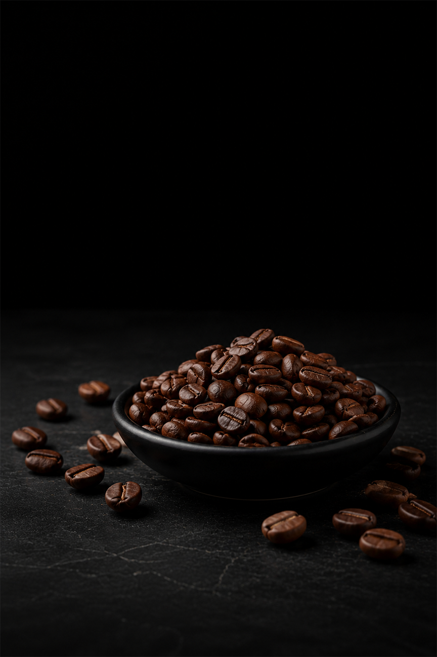 Un cuenco de granos de café sobre un fondo oscuro.