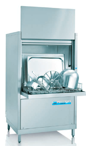 Lavautensilios de carga frontal de puerta abatible. Incluye 4 cestas para lavado de bandejas y fuentes, con soporte en metal, filtro del agua, junto con todos los accesorios para su instalación y correcto funcionamiento - Meiko