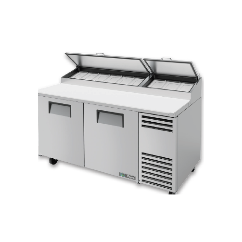 Mesa de preparación de pizza de 67" con refrigerante ecológico 290 incluye tapa telescópica y recogedor de queso - True